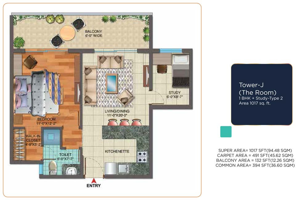1 BHK + Study, Type - 2: 1017 Sq. Ft.