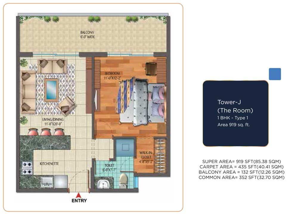 1 BHK, Type - 1: 919 Sq. Ft.