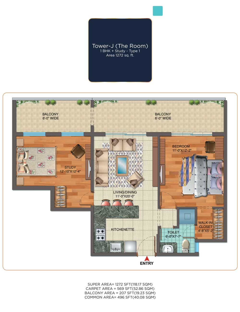 1 BHK + Study, Type - 1: 1272 Sq. Ft.