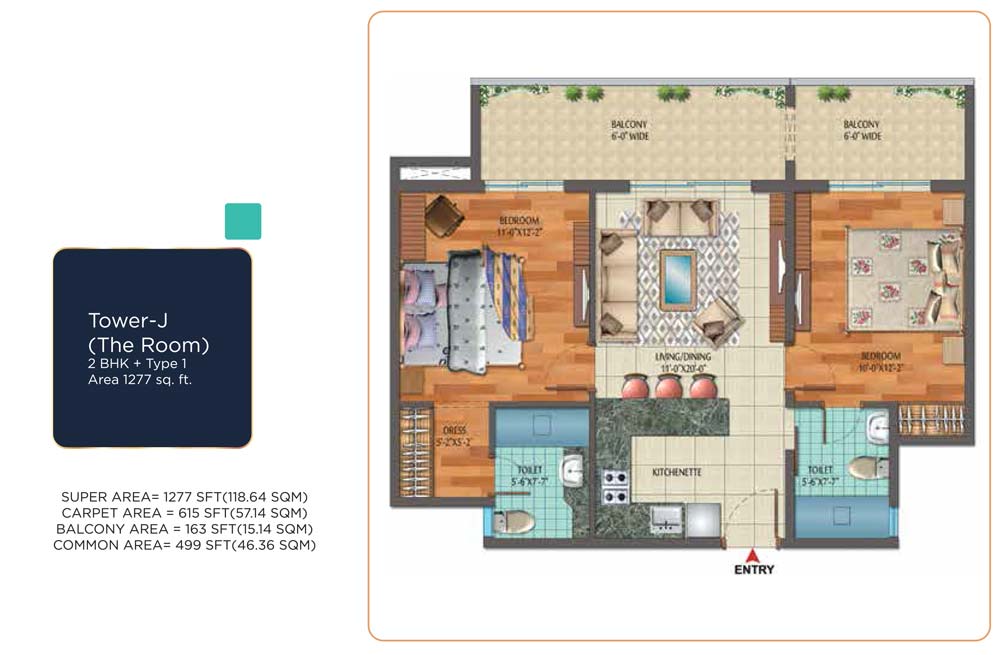 2 BHK + Type - 1: 1277 Sq. Ft.