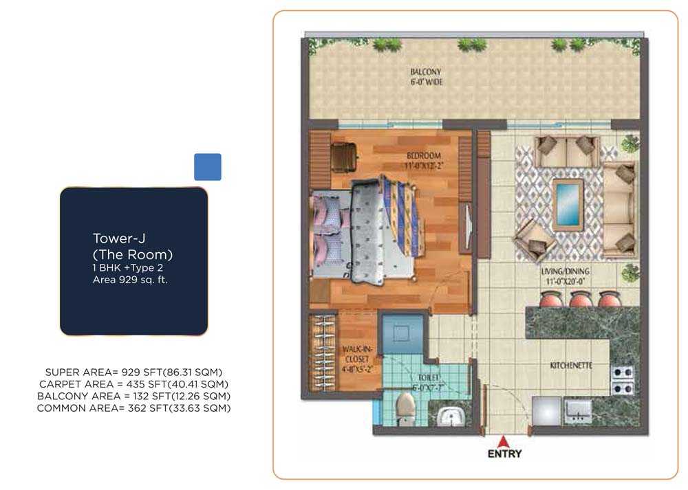 1 BHK, Type - 2: 929 Sq. Ft.