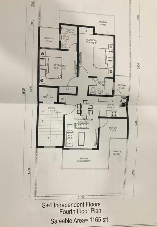 Fourth Floor Plan, Saleable Area: 1165 Sq. Ft.